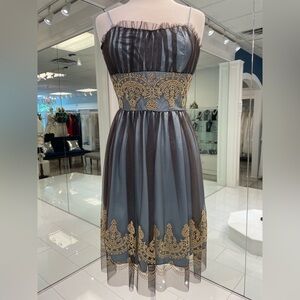 Elegant Blue, Brown, and Gold Lace Dress
